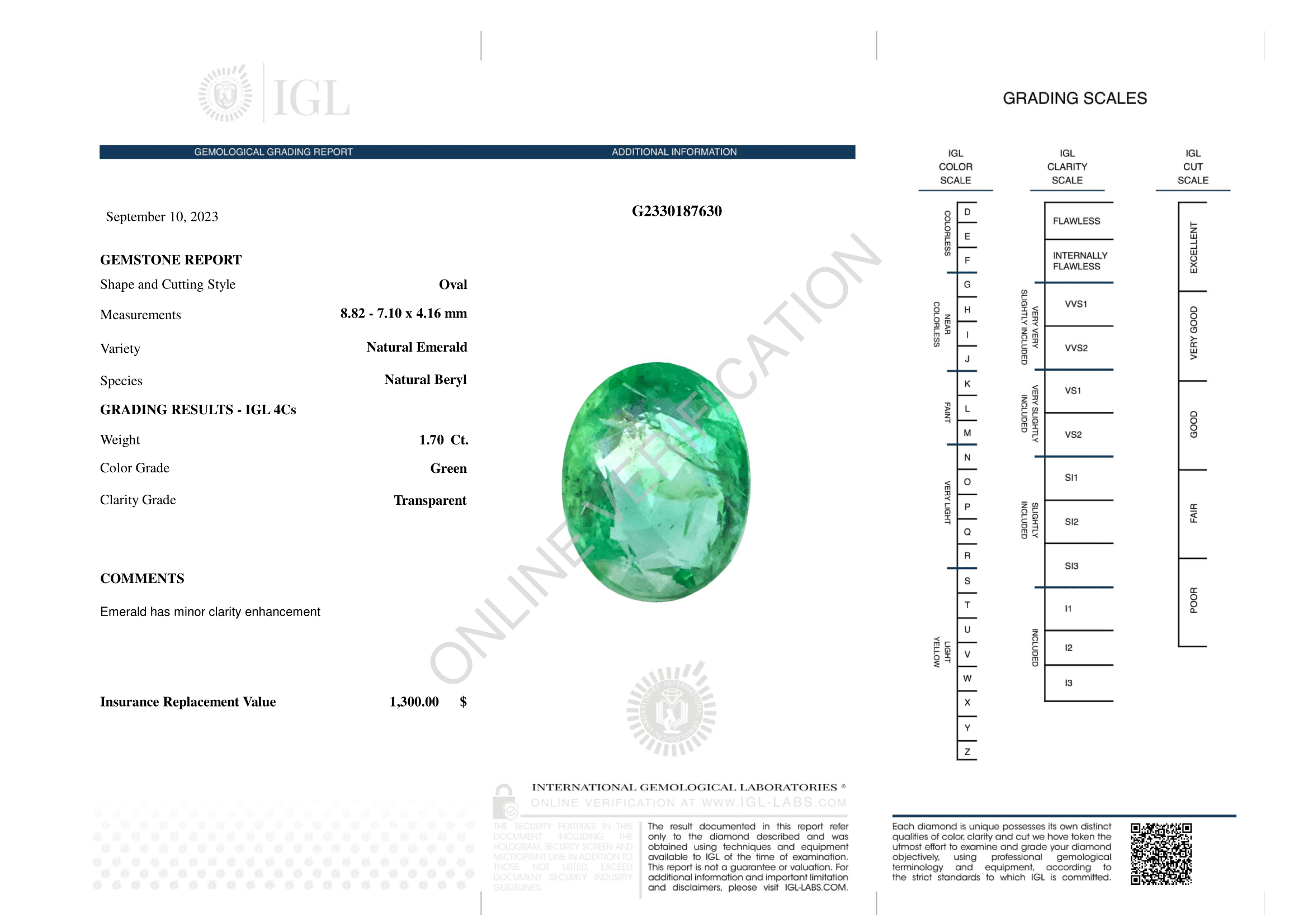 Natural Emerald 1.70 Carat Medium Green Type-III SI1 Clarity - IGL Gemological Certificate - Zambian Emeralds for Sale