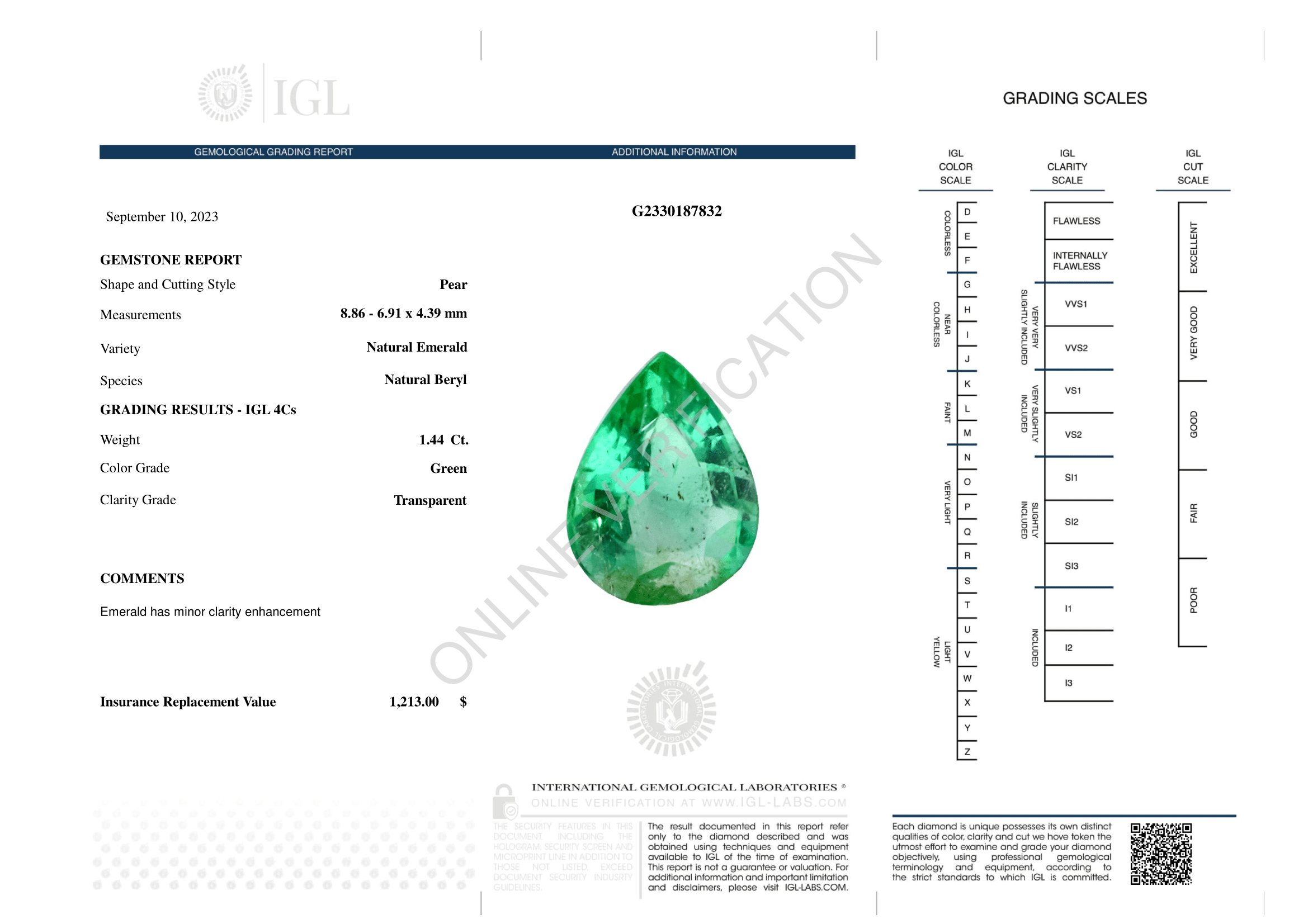 Natural Emerald, 1.44 Carat, Medium Deep Green, Type-III VS1 Clarity - IGL Gemological Certificate - Zambian Emeralds for Sale