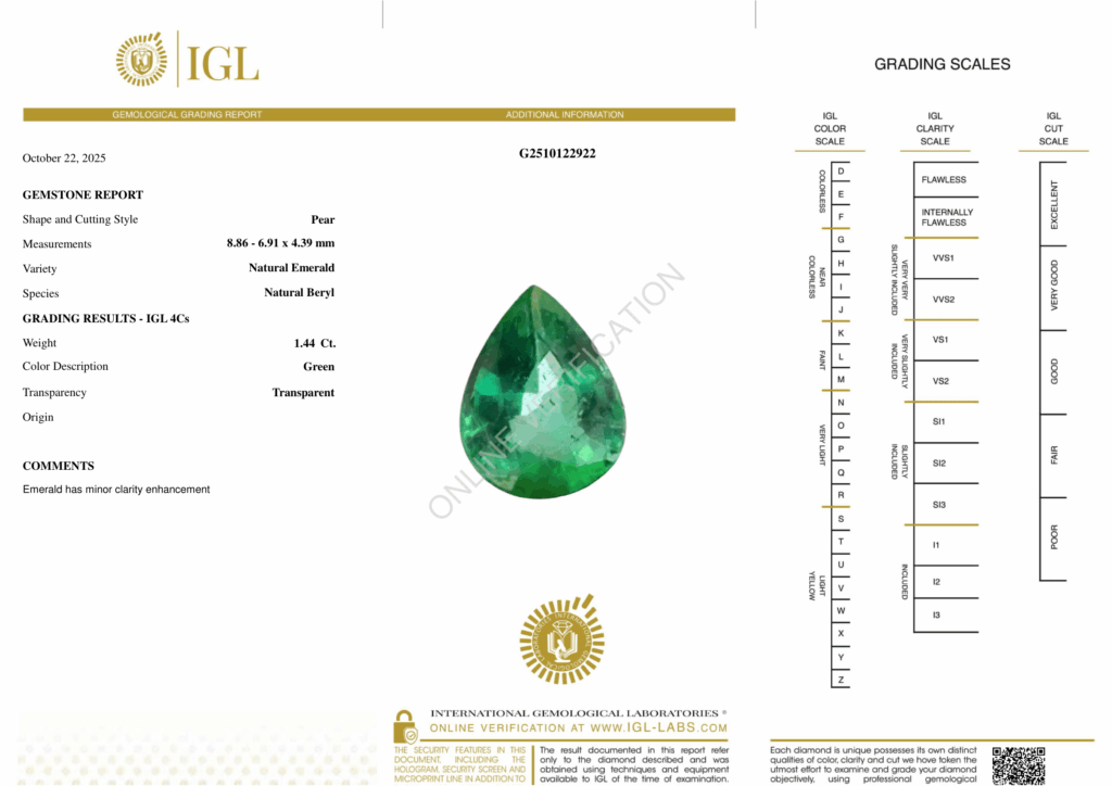 Natural Emerald, 1.44 Carat, Medium Deep Green, Type-III VS1 Clarity - IGL Gemological Certificate - Zambian Emeralds for Sale