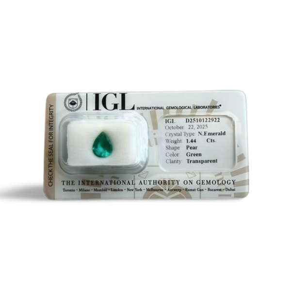 Natural Emerald, 1.44 Carat, Medium Deep Green, Type-III VS1 Clarity Gem - IGL Gemological Certificate Seal - Zambian Emeralds for Sale