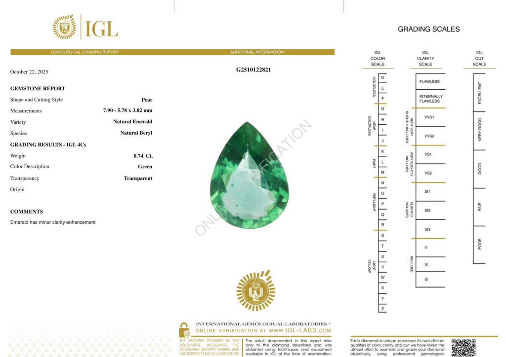 Natural Emerald, 0.74 Carat, Medium Deep Green, Type-III VS2 Clarity - IGL Gemological Certificate - Zambian Emeralds for Sale