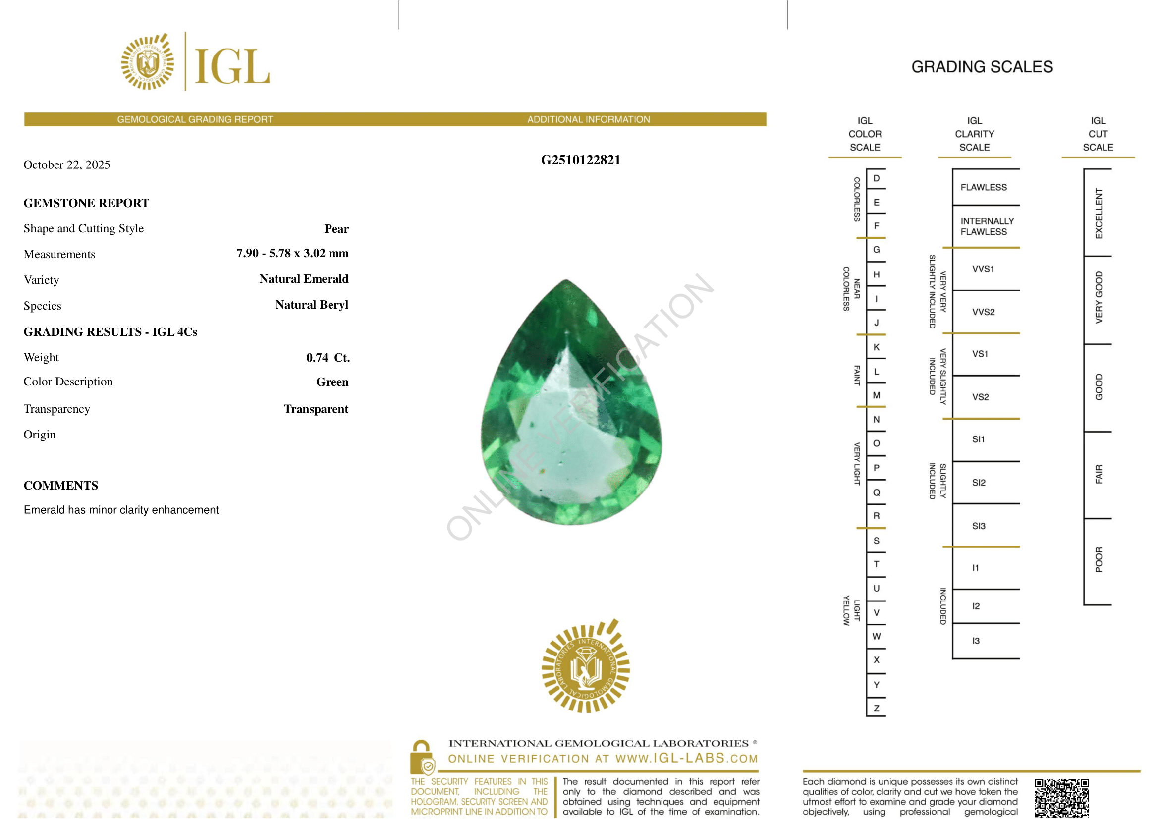 Natural Emerald, 0.74 Carat, Medium Deep Green, Type-III VS2 Clarity - IGL Gemological Certificate - Zambian Emeralds for Sale