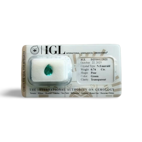 Natural Emerald, 0.74 Carat, Medium Deep Green, Type-III VS2 Clarity - G2510122821 - Gemological Seal - Zambian Emeralds for Sale