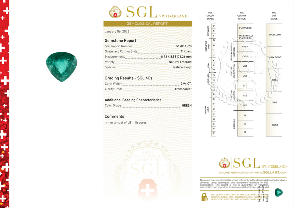 Natural Emerald, 2.94 Carat, Deep Vivid Green, Type-III VS2 Clarity - SGL Gemological Certificate - Zambian Emeralds for Sale